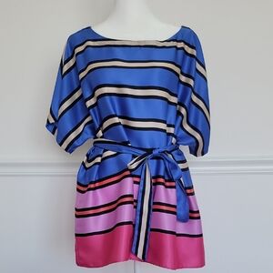 Ann Taylor Blue and Pink Striped Blouse With Tie Wrap. Size Large